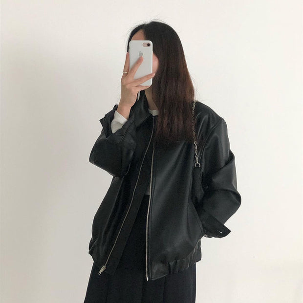 Casual Long Sleeve Leather Coat Women